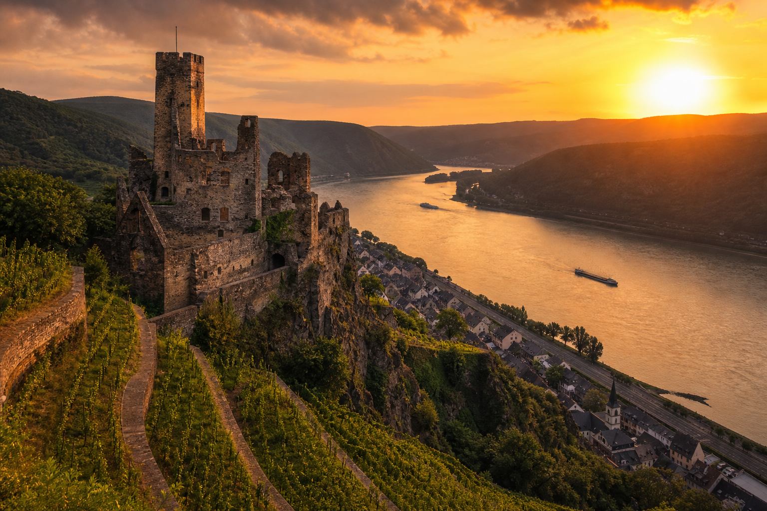 Rheintal mit Weinbergen und Burgen